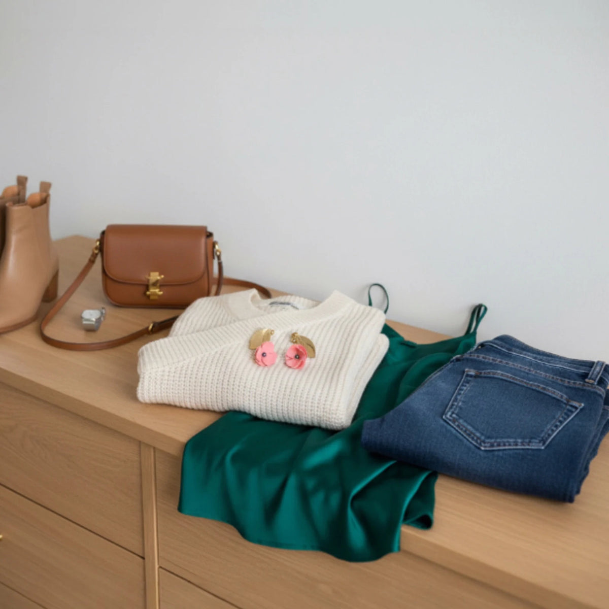 ensemble de vêtements pour un look moderne avec des femme portant des boucles d'oreilles roses en forme de fleur