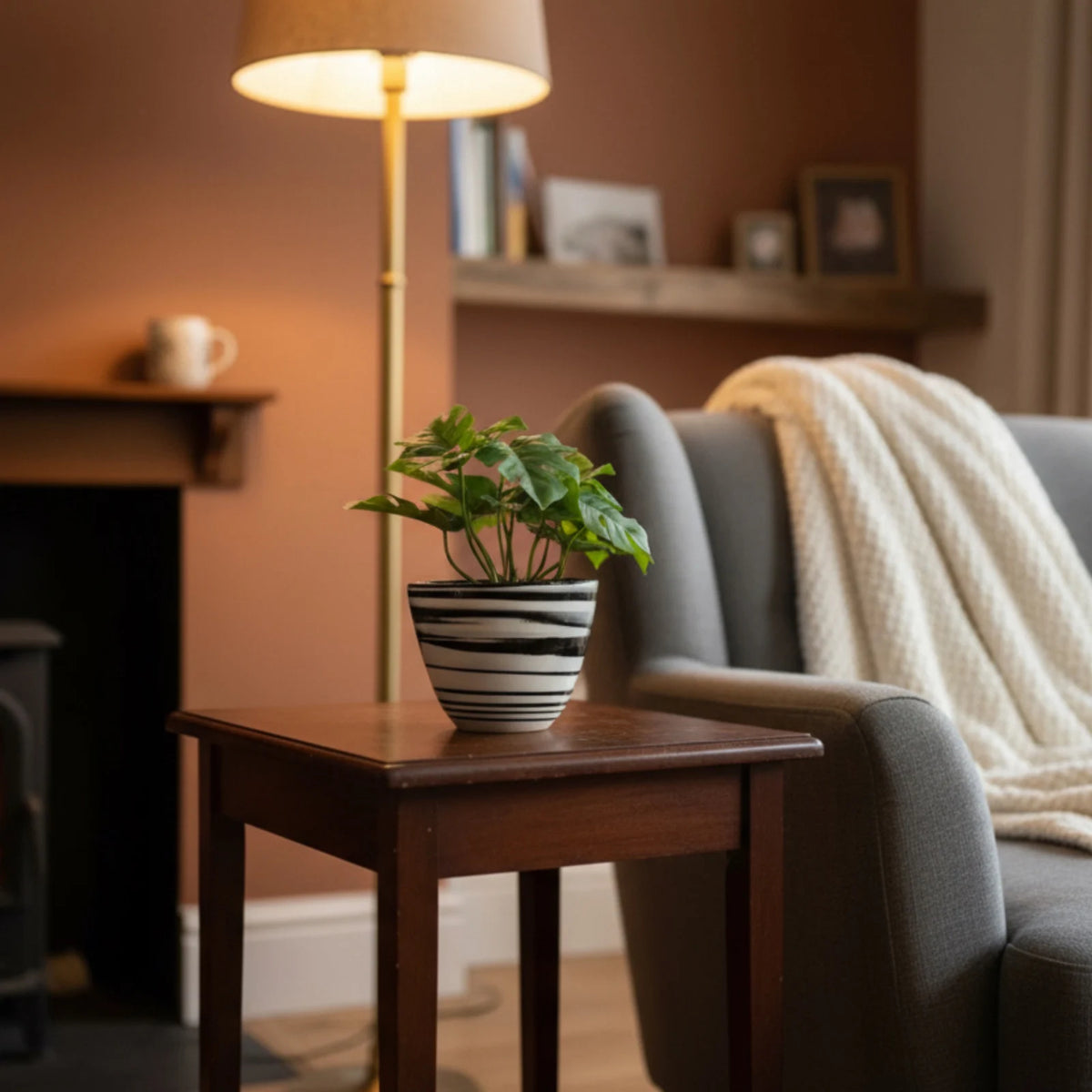 cache po noir et blanc dans un salon cosy
