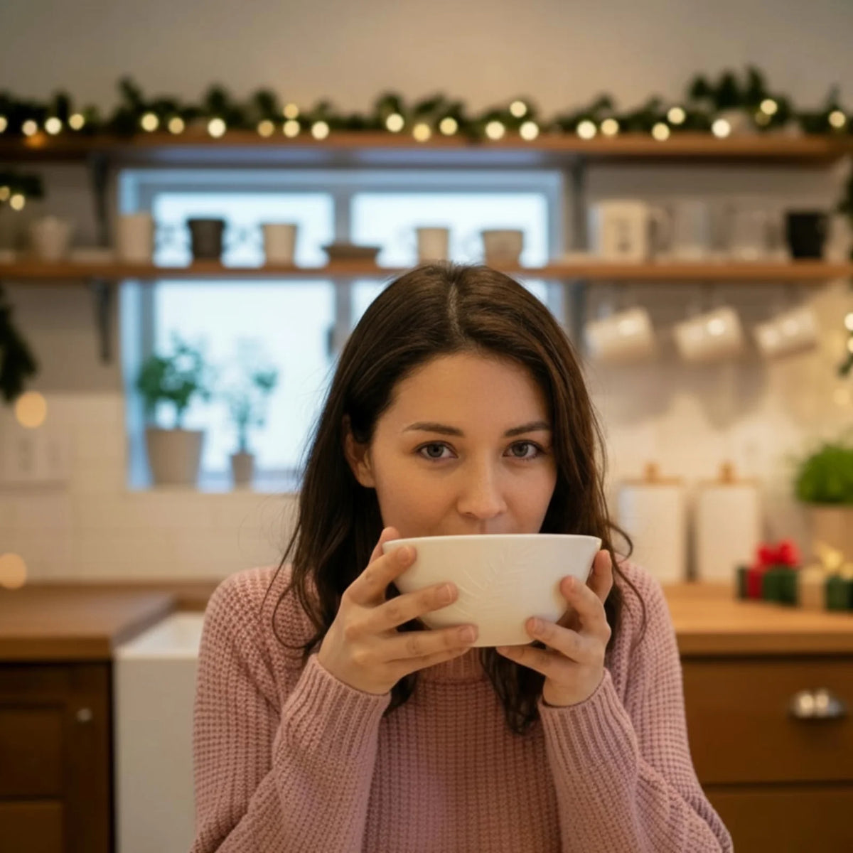 une dame boit dans un bol blanc gravé d'une plume