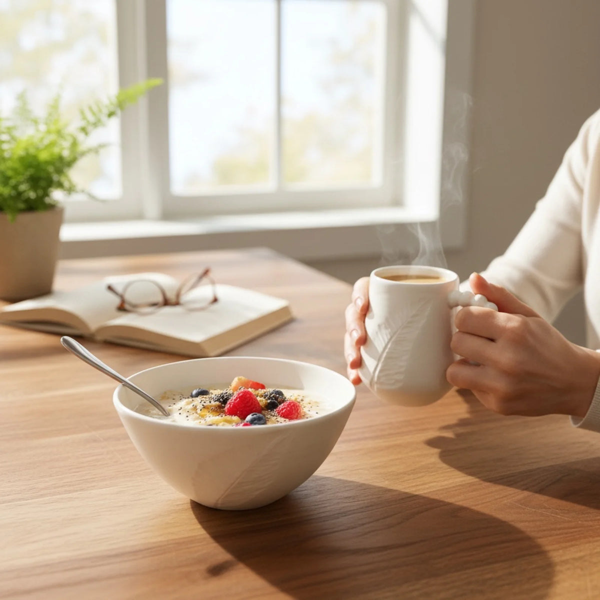 petit déjeuner dans un mug et un bol blancs gravés d'une plume