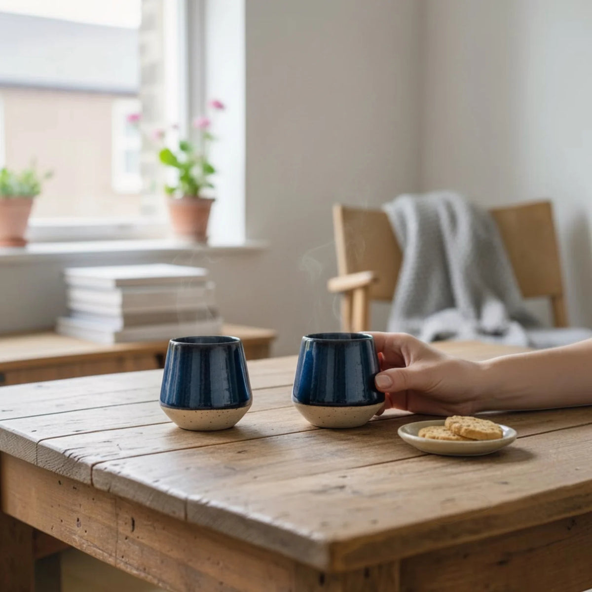 mains tenant des tasses bleues faites main Elephantom