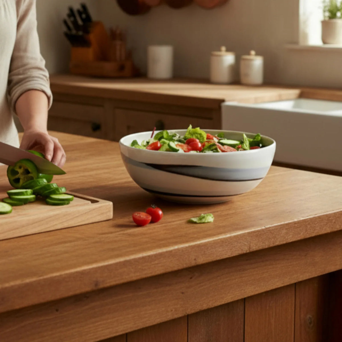Saladier noir et blanc en porcelaines mêlées dans une cuisine