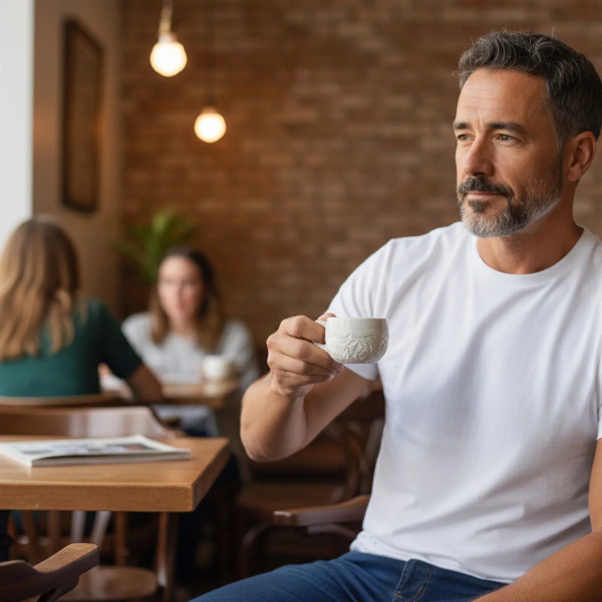 homme buvant un café dans un bar. Sa tasse blanche en porcelaine est texturée