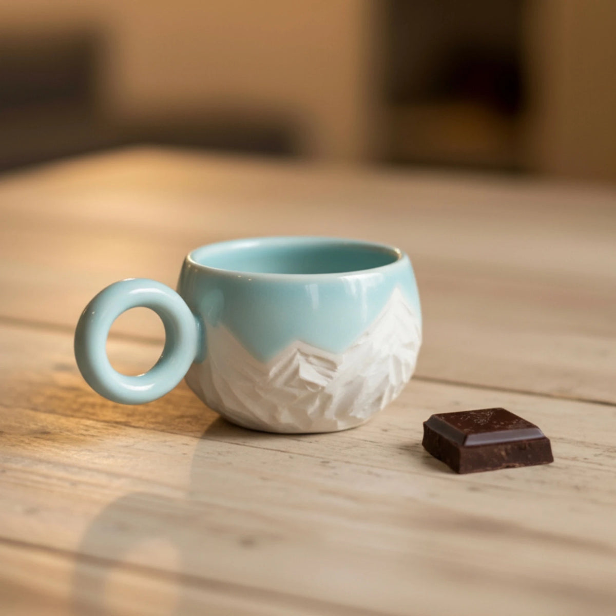 tasse bleu turquoise avec motifs montagneux gravés