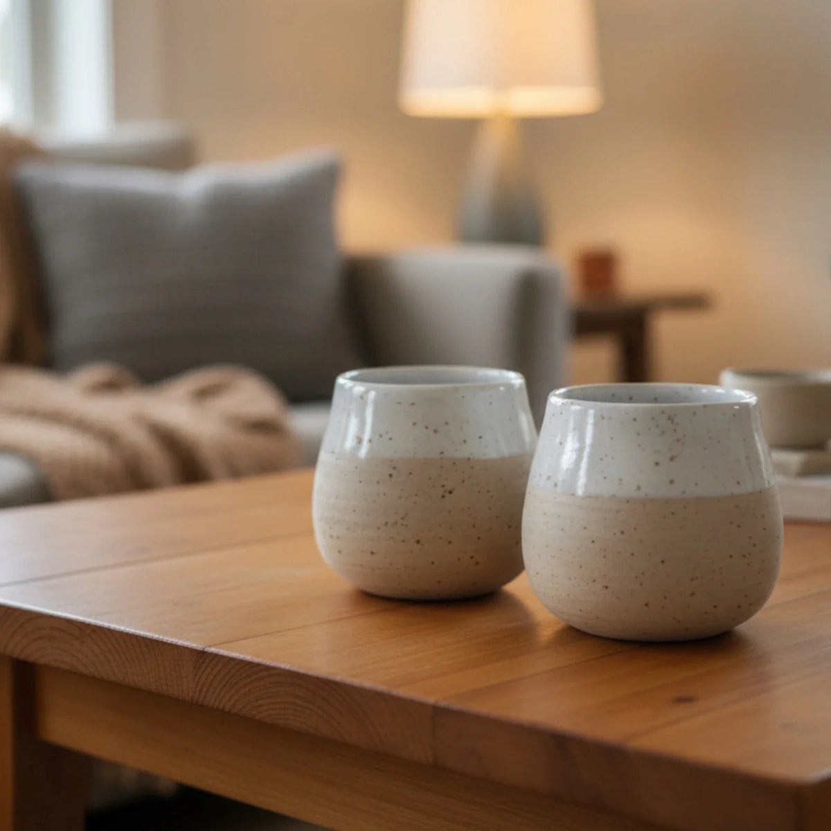 Deux tasses en grès pyrité émaillées de blanc, collection Grains de beauté