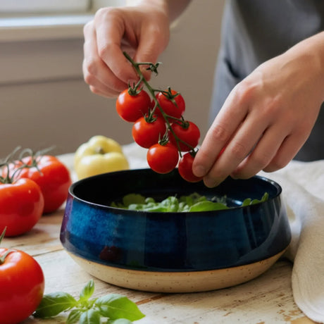 Grand saladier bleu en grès pyrité, collection Céleste, dans lequel deux mains préparent une salade