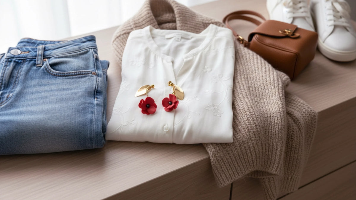 Boucles d'oreilles colorées en porcelaine posées sur un jean et un t-shirt