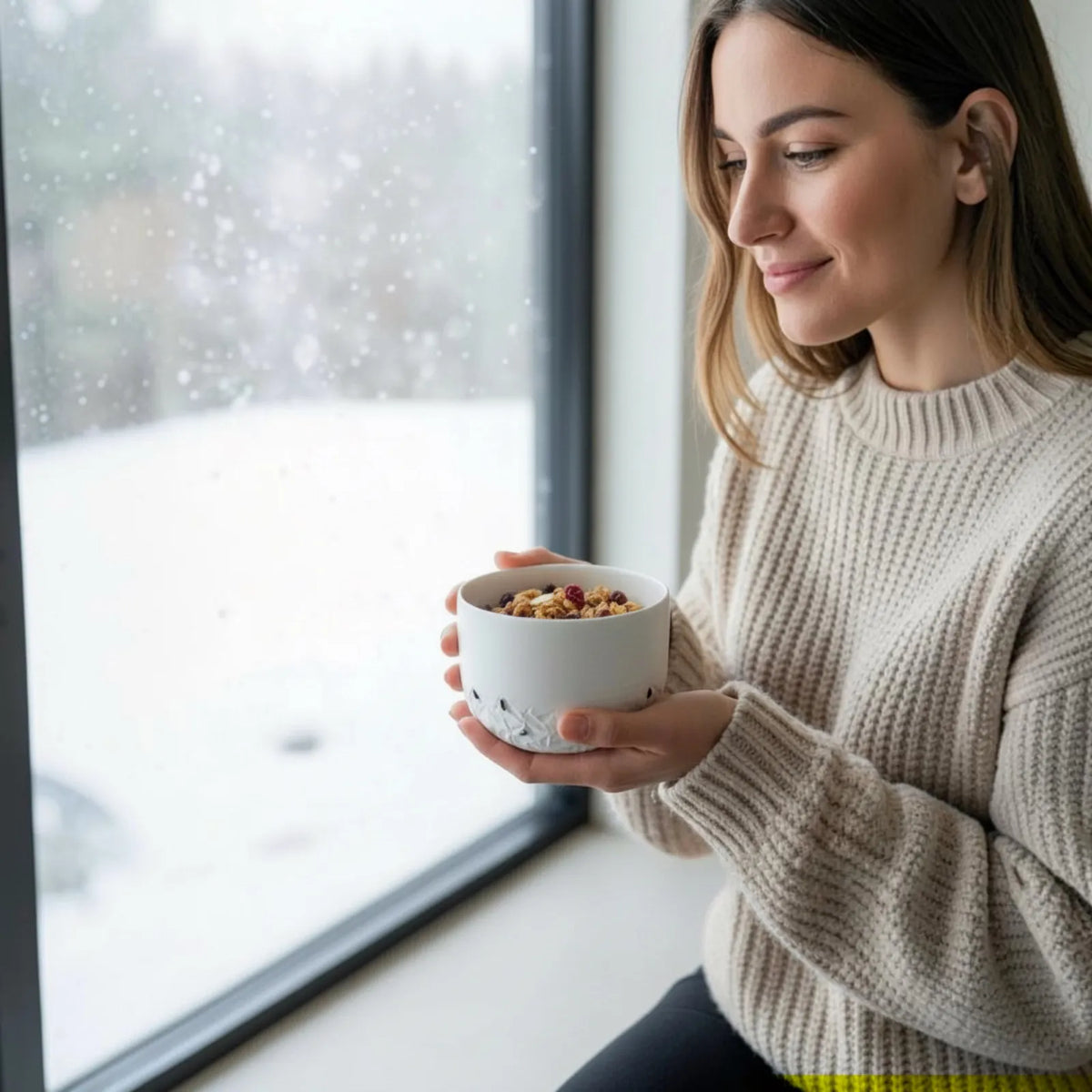 femme prenant son petit déjeuner dans un bol blanc en porcelaine texturé à la main
