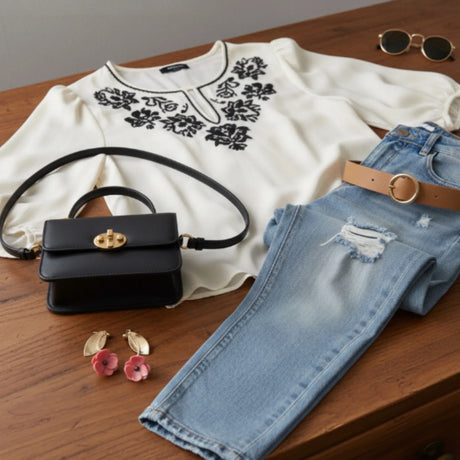 ensemble de vêtements pour un look tendance avec des femme portant des boucles d'oreilles roses en forme de fleur 