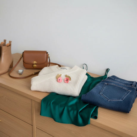 ensemble de vêtements pour un look moderne avec des femme portant des boucles d'oreilles roses en forme de fleur 