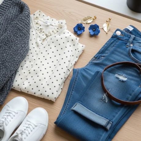 ensemble de vêtements pour une look moderne avec des femme portant des boucles d'oreilles bleues en forme de fleur 