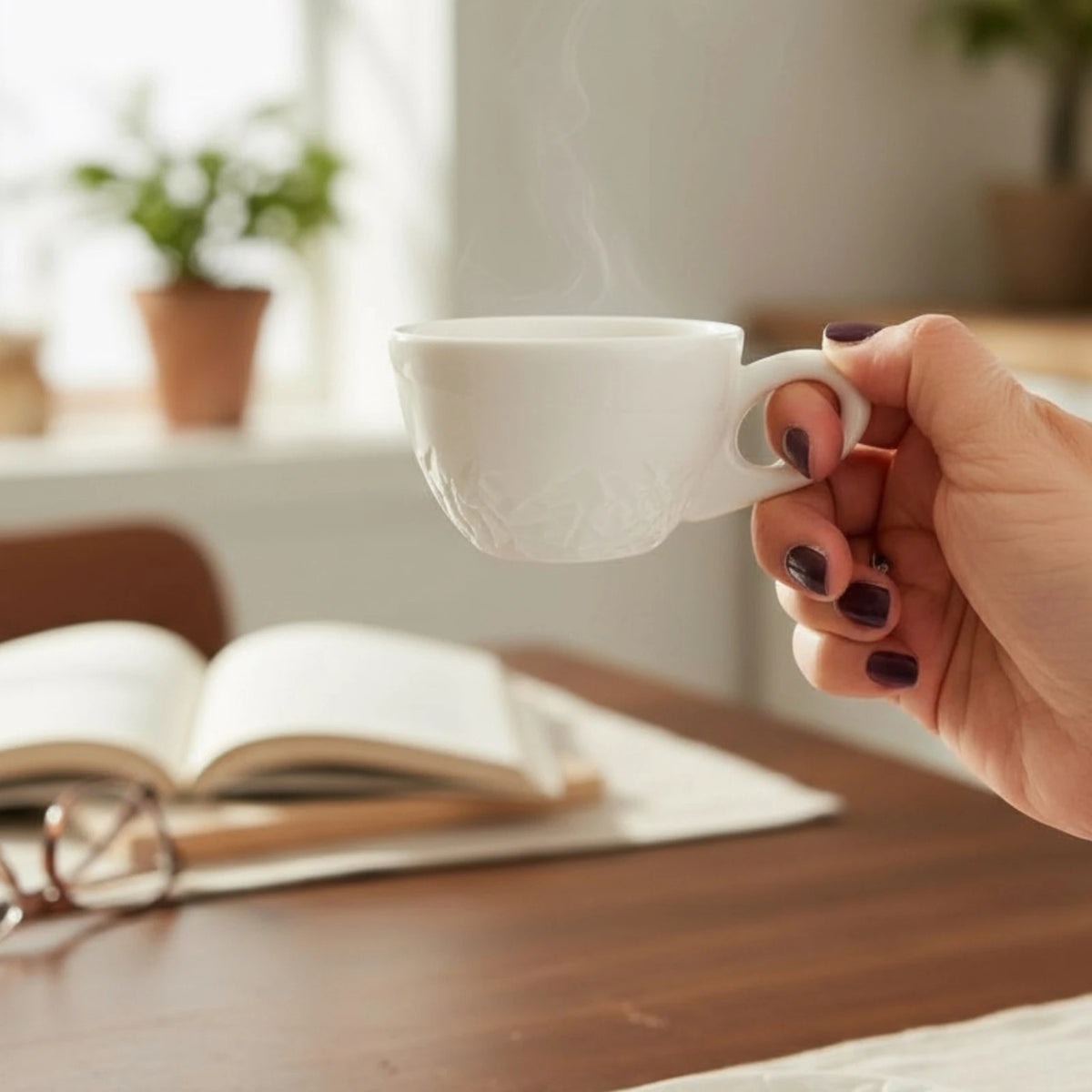 Main tenant une tasse blanche en porcelaine est texturée d'une montagne