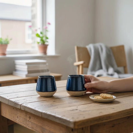 mains tenant des tasses bleues faites main Elephantom