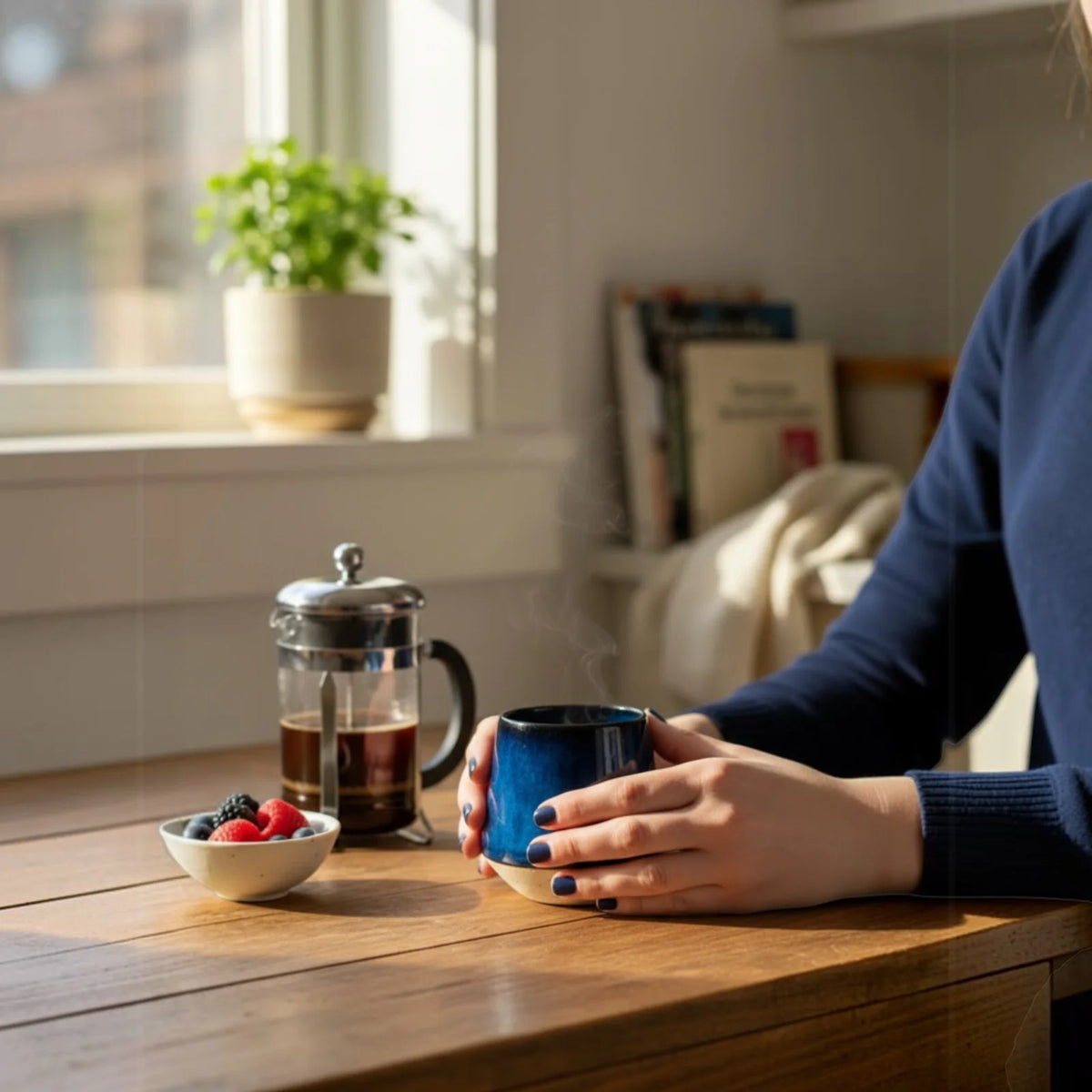 femme buvant son café dans une tasse bleue faite main Elephantom