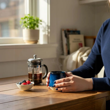 femme buvant son café dans une tasse bleue faite main Elephantom