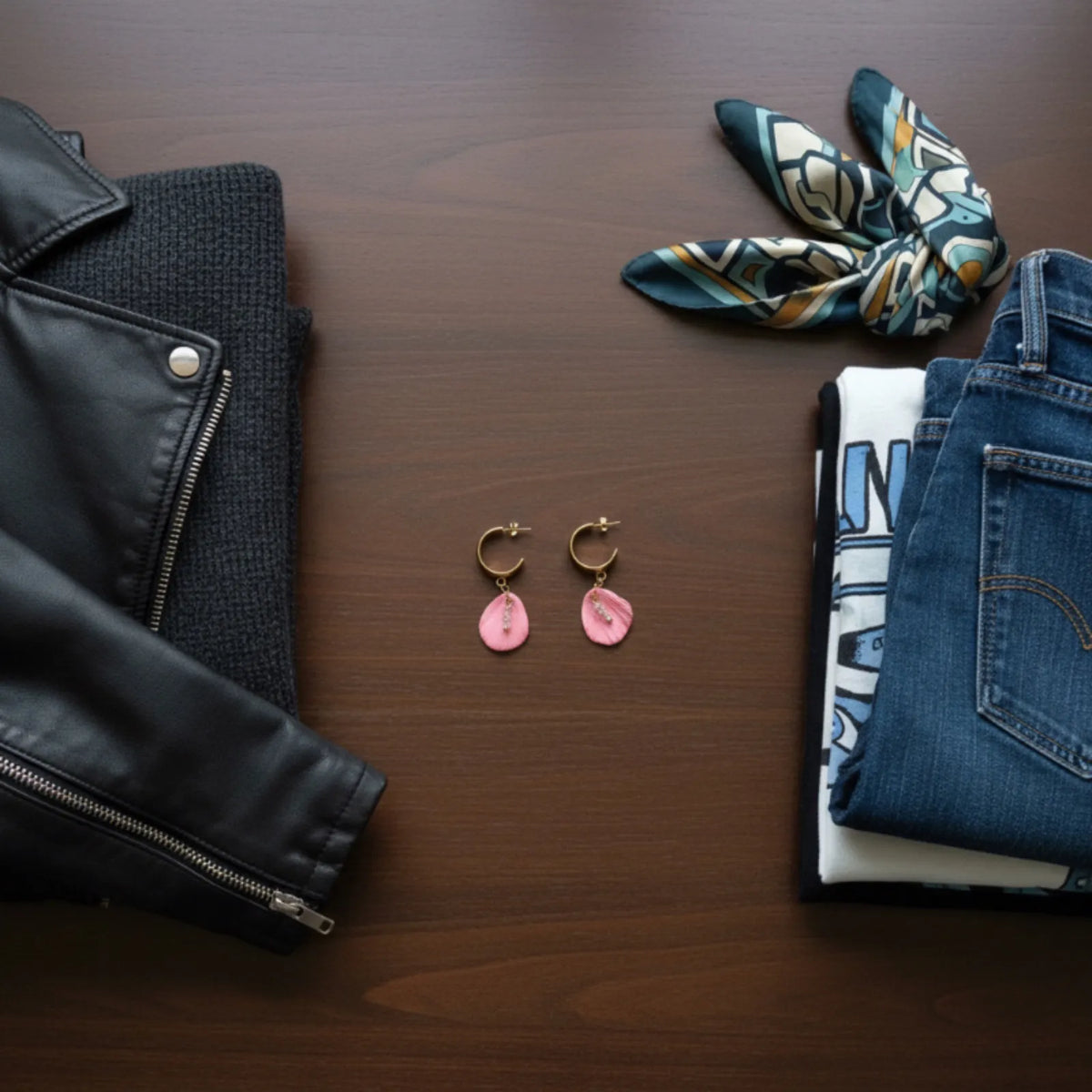 ensemble de vêtements au style rock avec des boucles d'oreilles pétales de fleur rose Elephantom