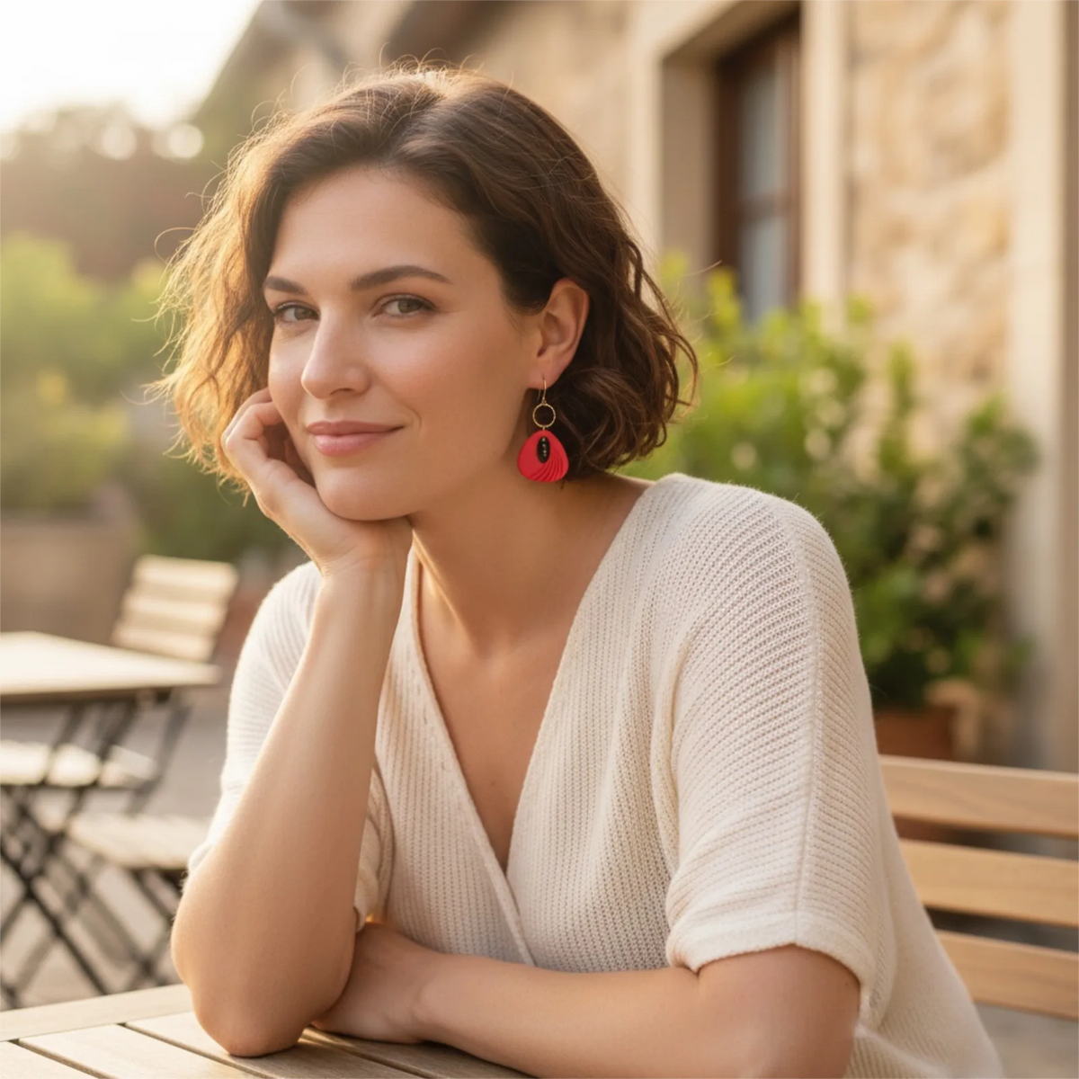 femme portant des boucles d'oreilles rouges décorées de de perles noires