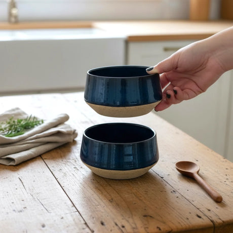 bols empilables en grès pyrité beige et bleu  Elephantom sur une table en bois