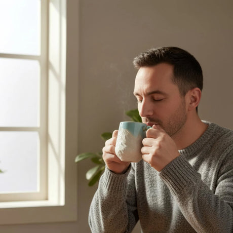 homme buvant son café dans son mug bleu turquoise avec motifs montagneux gravés