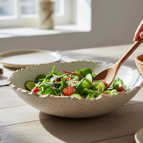 saladier en grès pyrité beige et blanc  Elephantom contenant une salade