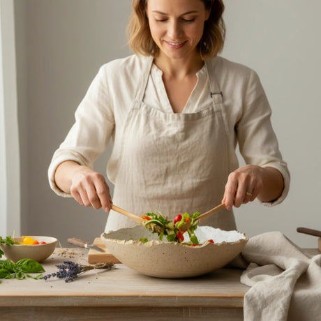 dame préparant une salade dans un saladier en grès pyrité beige et blanc  Elephantom