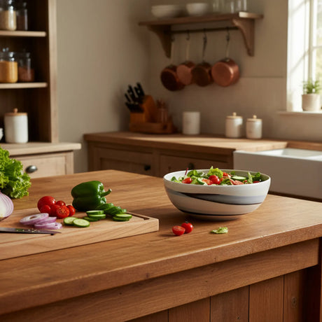 saladier noir et blanc en porcelaine contenant de la salade. Il est déposé sur un plan de travail dans une cuisine.