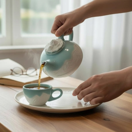 mains servant le thé dans un tasse à thé bleue turquoise avec motifs montagneux gravés