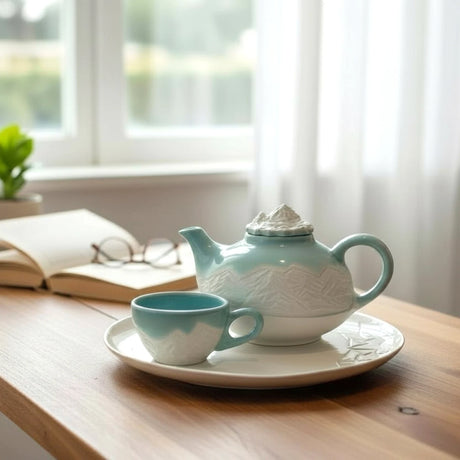 tasse à thé bleue turquoise avec motifs montagneux gravés