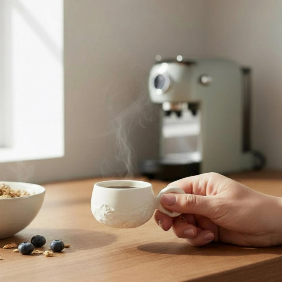 Main tenant une tasse blanche en porcelaine est texturée d'une montagne