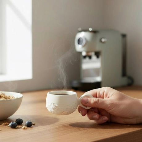 Main tenant une tasse blanche en porcelaine est texturée d'une montagne