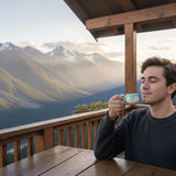 homme buvant son espresso à la montagne dans une tasse bleu turquoise avec motifs montagneux gravés